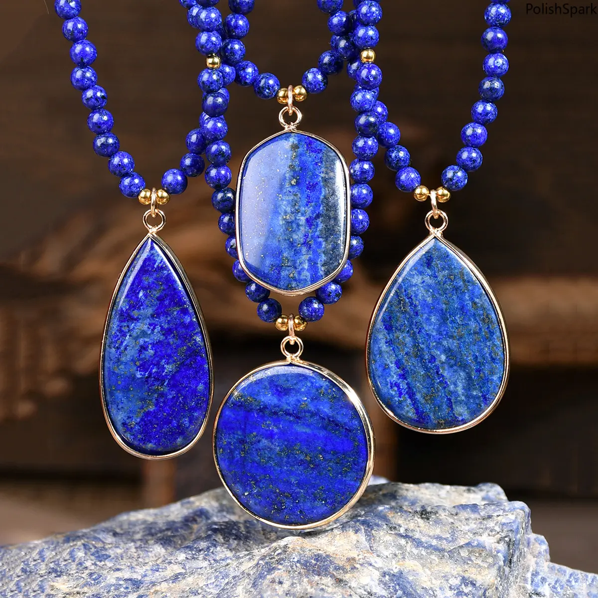 Women's Unique Handcrafted Durable Natural Lapis Lazuli Gemstone Pendant Necklace, Boho Gold-Bead Chain, Crystal Healing Jewelry for Yoga-Meditation, Daily Necklace for Calm and Clarity