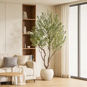 A 7-FT/8-FT artificial olive tree with a 16-inch round white pot, featuring delicate moss, artificial plants, a natural wood trunk, and lifelike fruit. Suitable for home and office décor.