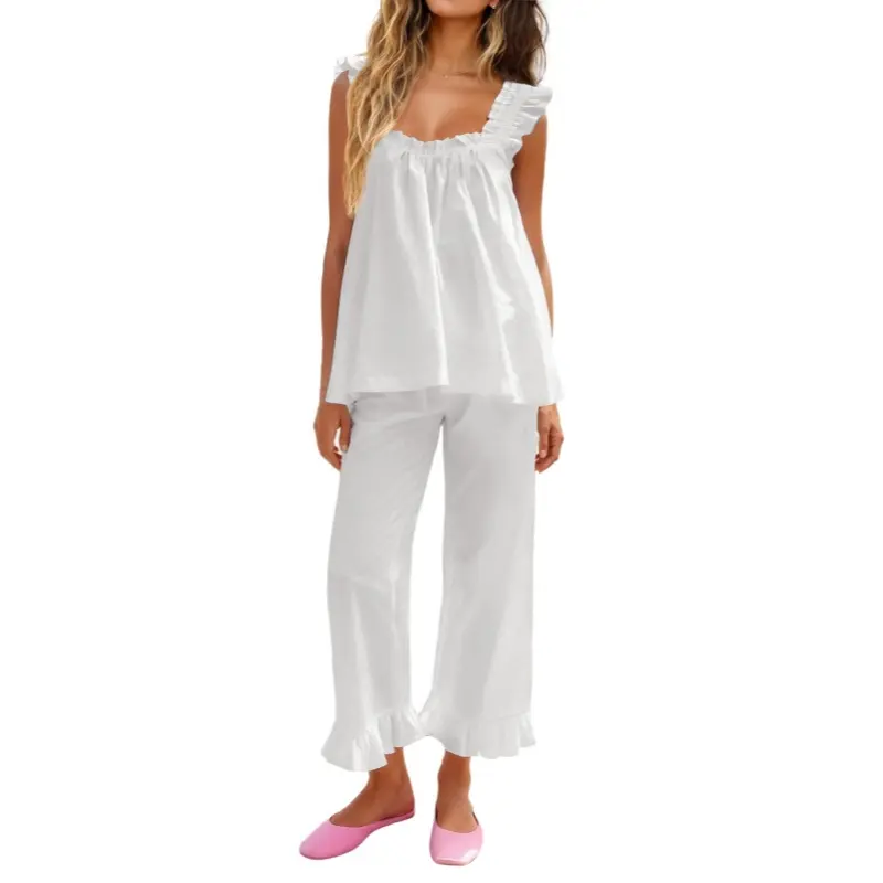 KFUBUO Womens Pajamas Set 2 Piece Ruffle Pj Soft Tank Top and Long Pants Lounge Set with Pockets Women Loungewear Set