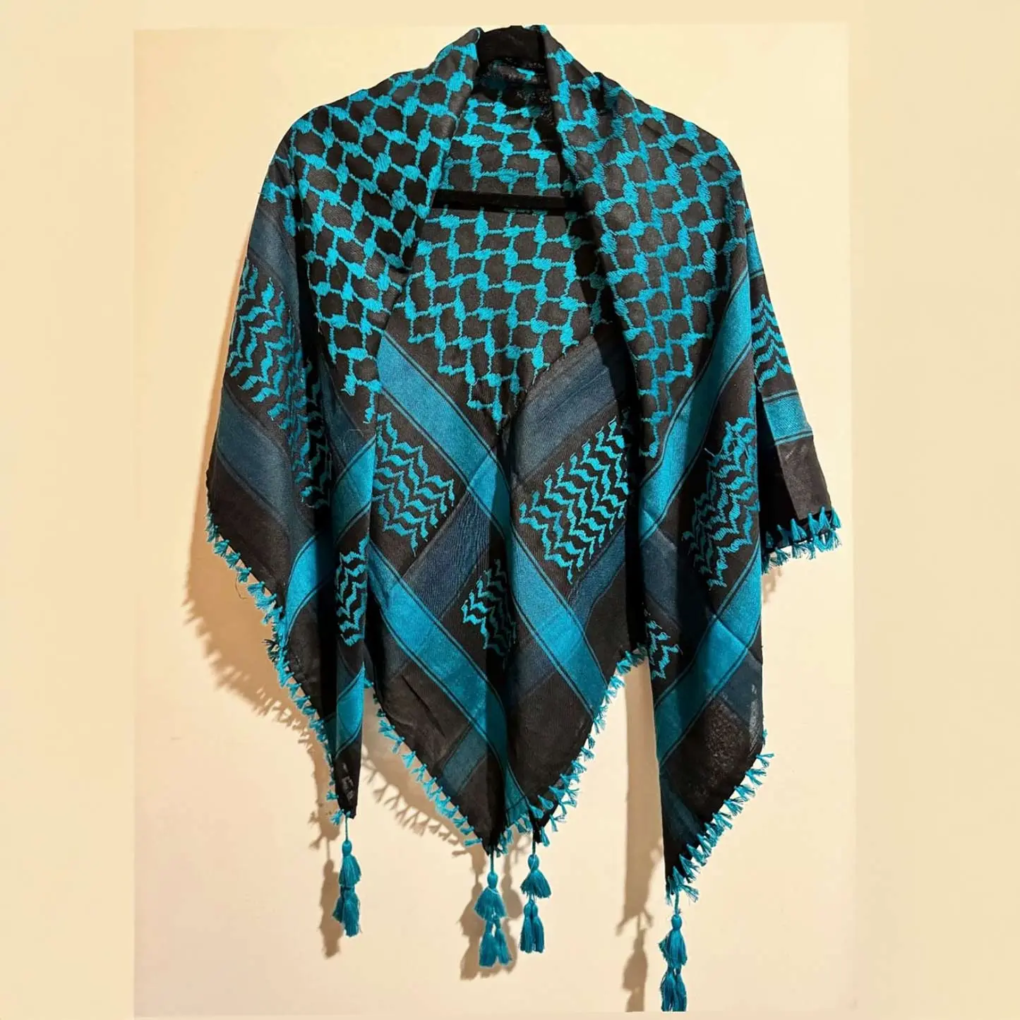 Handmade Bethlehem Turquoise-Black Keffiyeh - Casual Soft Cotton Scarf, Fashion Neck Shawl, Soft Cotton Blend Wrap with Tassel Decor for Solidarity