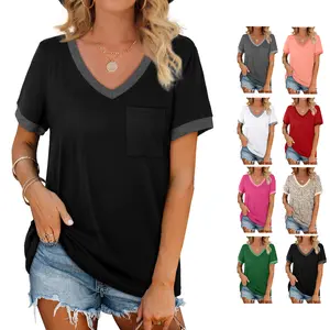 OFEEFAN Womens T Shirts Short Sleeve V Neck Loose Casual Summer Tops with Pocket Womenswear Vneck