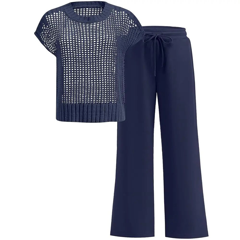 ANRABESS Women's Summer 2-Piece Crochet Sheer Knit Round Neck Shortsleeve Sweater Top & Wide Leg Pants Matching Clothes Set, Comfortable for Vacation & Going Out
