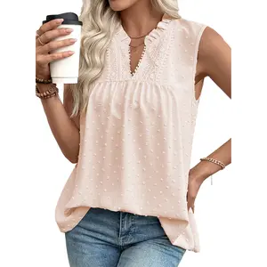 EVALESS Women's Tank Top Lace Casual V Neck Elegant Swiss Dot Smocked Sleeveless T Shirts Tops 2026 Womenswear Fashion Spring Outfits