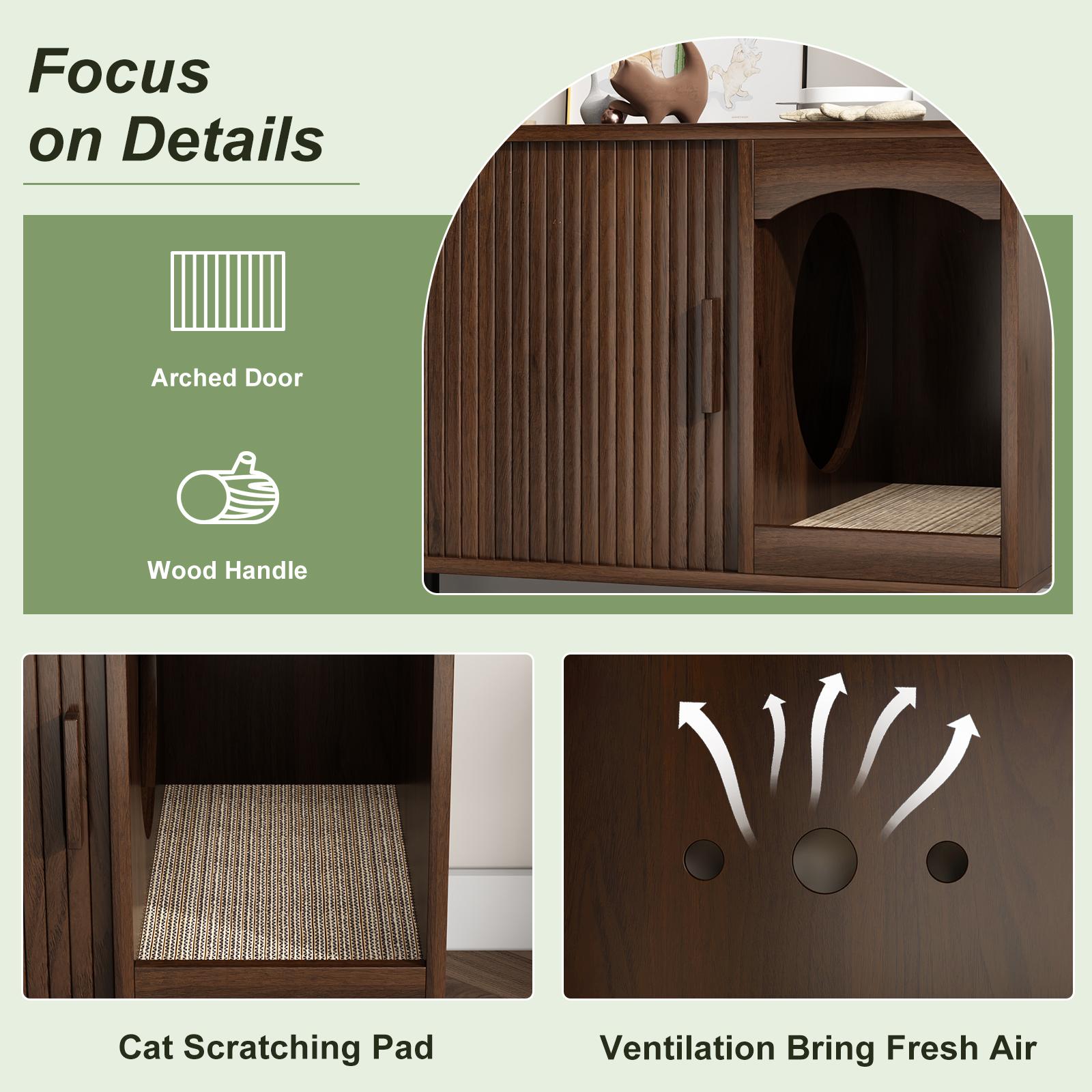 Fluted Hidden Cat Litter Box Enclosure – Modern Wood Furniture with Scratching Pad, Large Indoor Cat House Cabinet Side/End Table for Living Room & Entryway