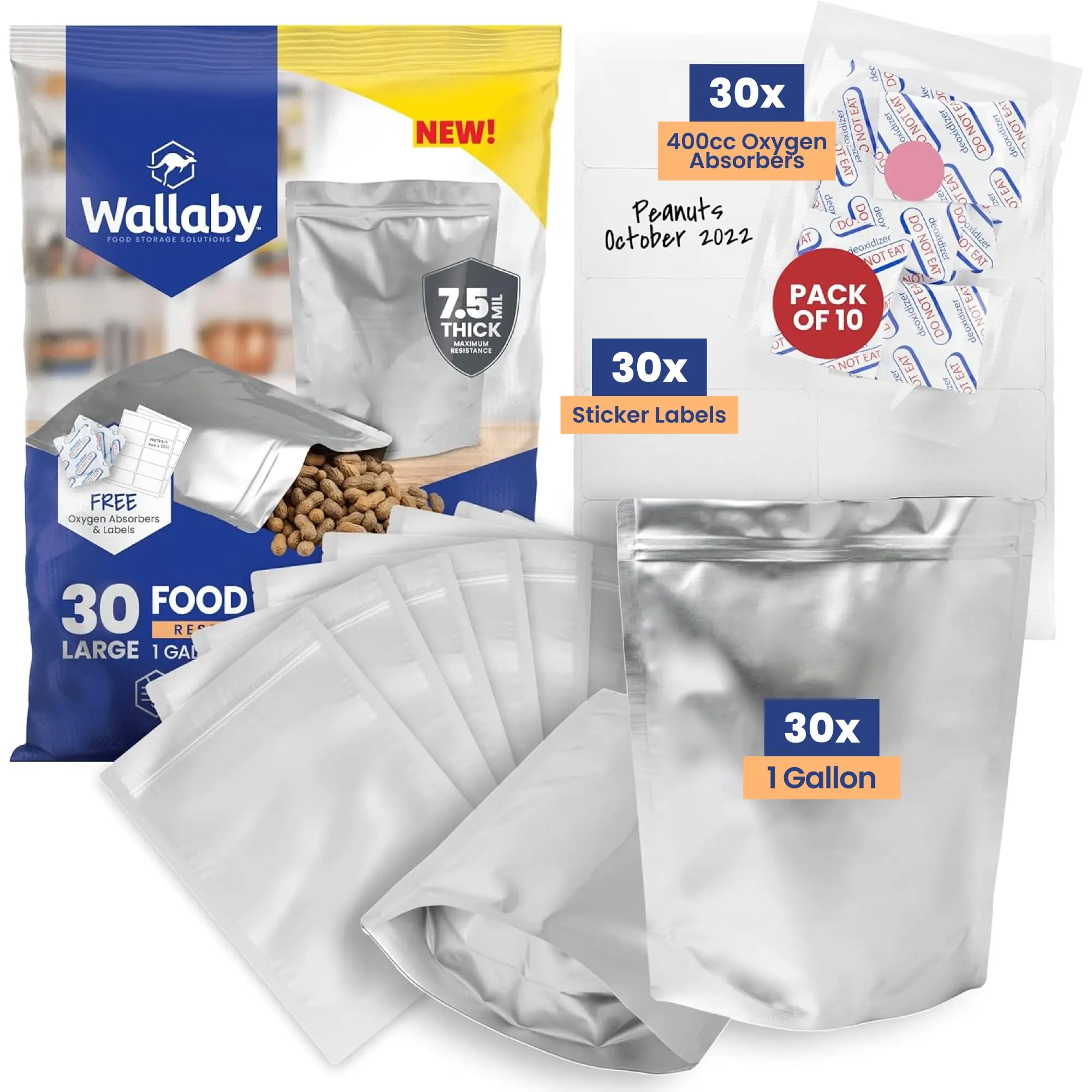 Wallaby 1-Gallon Gusseted Mylar Food Packaging Bag Bundle (30 Pack) - 400cc Oxygen Absorbers, Labels, Resealable Zipper Sealing Dry Storage Bags (Heat-Sealable, Food-Safe)