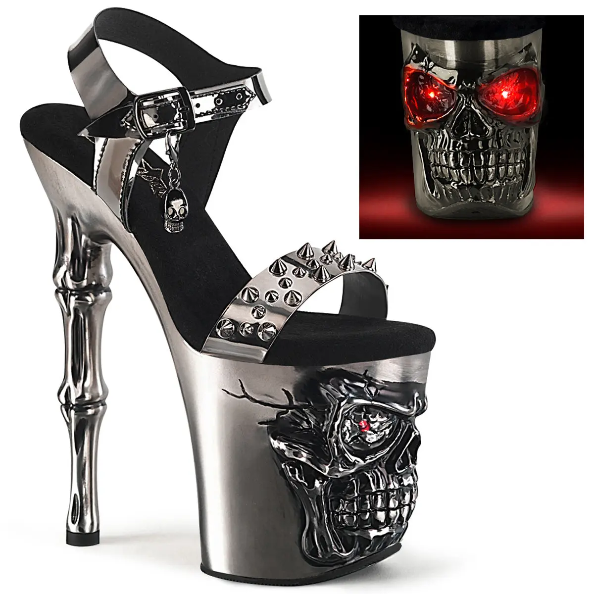 Women's Rapture-812-LT Skull Graphic High Heel Platform Sandals - Fashion Ankle Strap Footwear, Casual Wear Shoes, High Heels, Gothic Flair, Led Eye Lights, Finger Bone Heel, Skeleton Graphic Women's Heeled Sandals