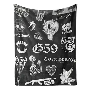 Suicideboys G59 Records Patchwork Flannel Blanket - A soft and cozy blanket with a hip-hop rap theme, featuring the iconic Suicideboys and Grey59 logos, perfect for fans, sofas, beds, and gifts.