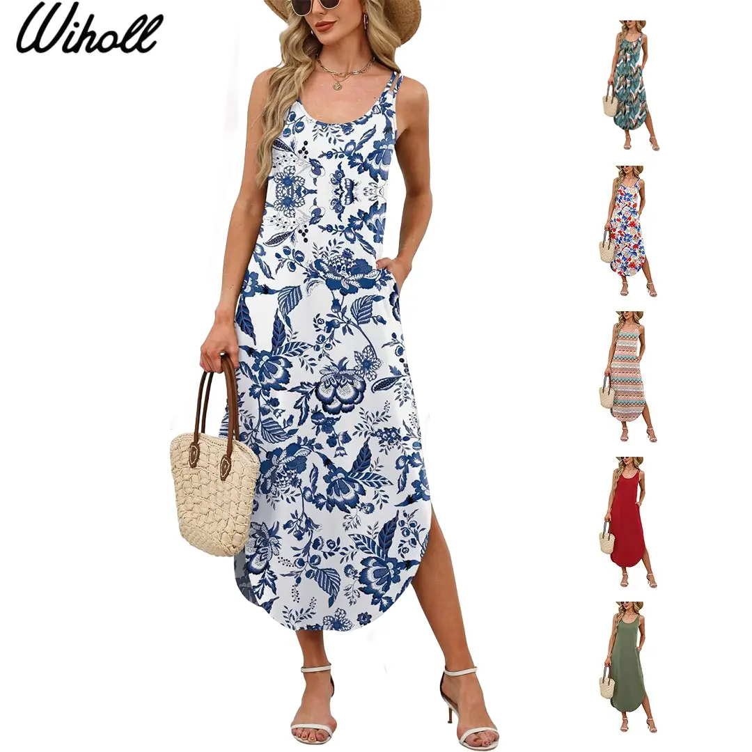 WIHOLL Women's Sundress, Sleeveless Bohemian Scoop Neck Maxi Dress with Spaghetti Straps and Pockets, Casual Polyester Blend Beachwear, Lightweight, Sundresses, Beach Casual Dresses, Going Out, Summer Dress For Women