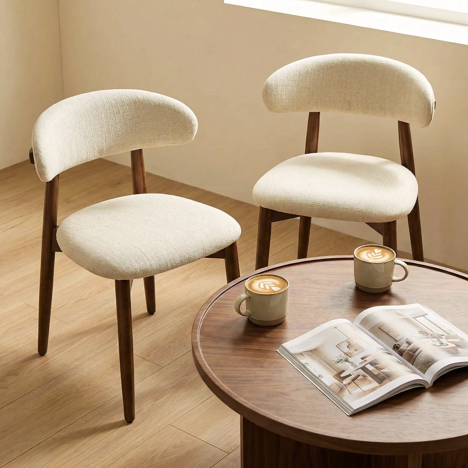 Wooden Dining Chairs Set of 2, Modern Fabric Upholstered Dining Room Chair with Curved Back, Farmhouse Kitchen Chairs with Adjustable Foot Pads for Living Room, Din Room solid walnut furniture Adjustable Counter Chairs, Durable