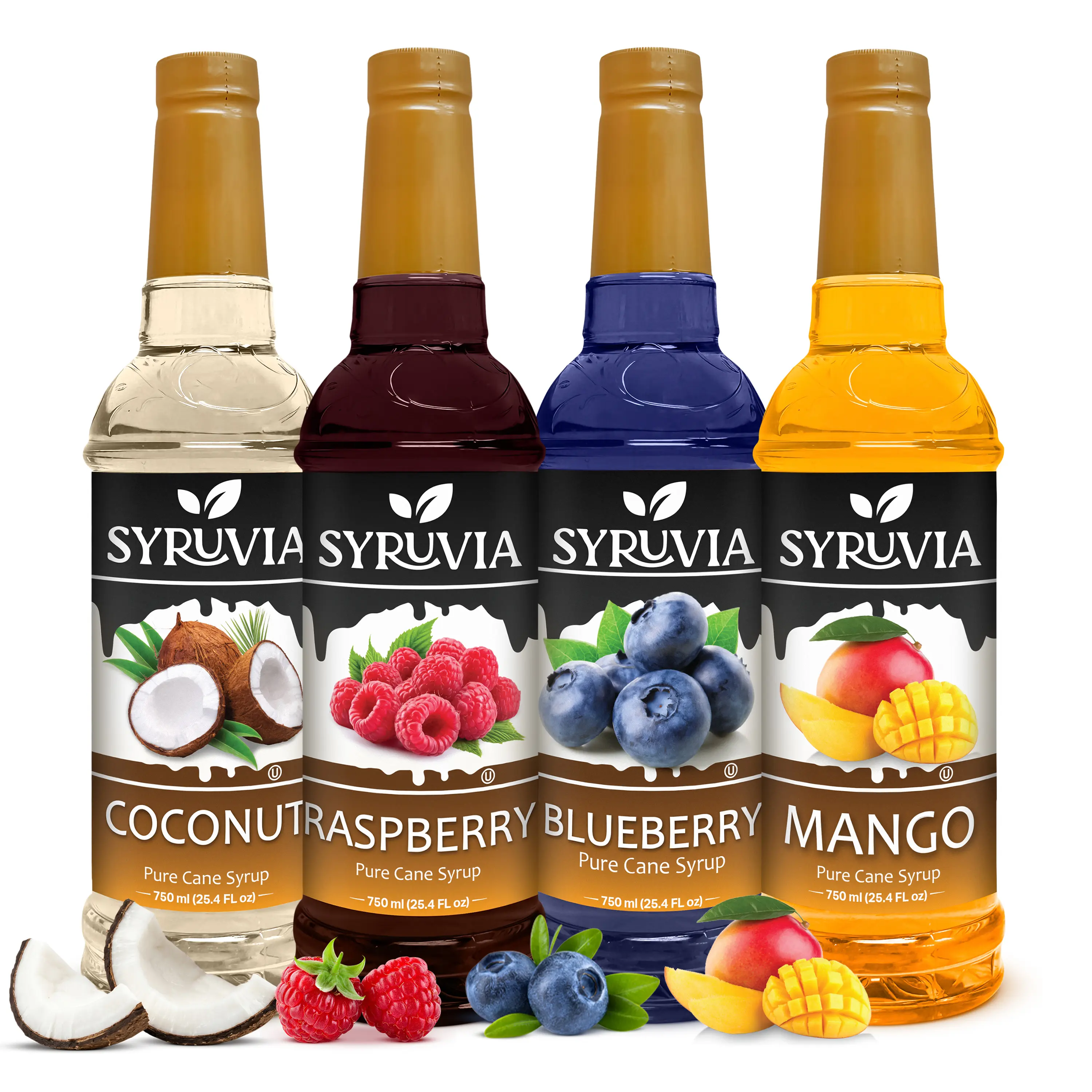 Syruvia Fruit Flavors Variety Pack – Coconut, Raspberry, Blueberry & Mango Syrup – Perfect for Cocktails, Lemonade, Iced Tea & More – 25.4 Fl oz Bottles (4 Pack)