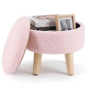 Storage Ottoman - Modern Round Teddy Velvet Footrest with Soft Padded Seat, Wood Legs, Accent Small Table & Plant Stand for Hallway, Living Room