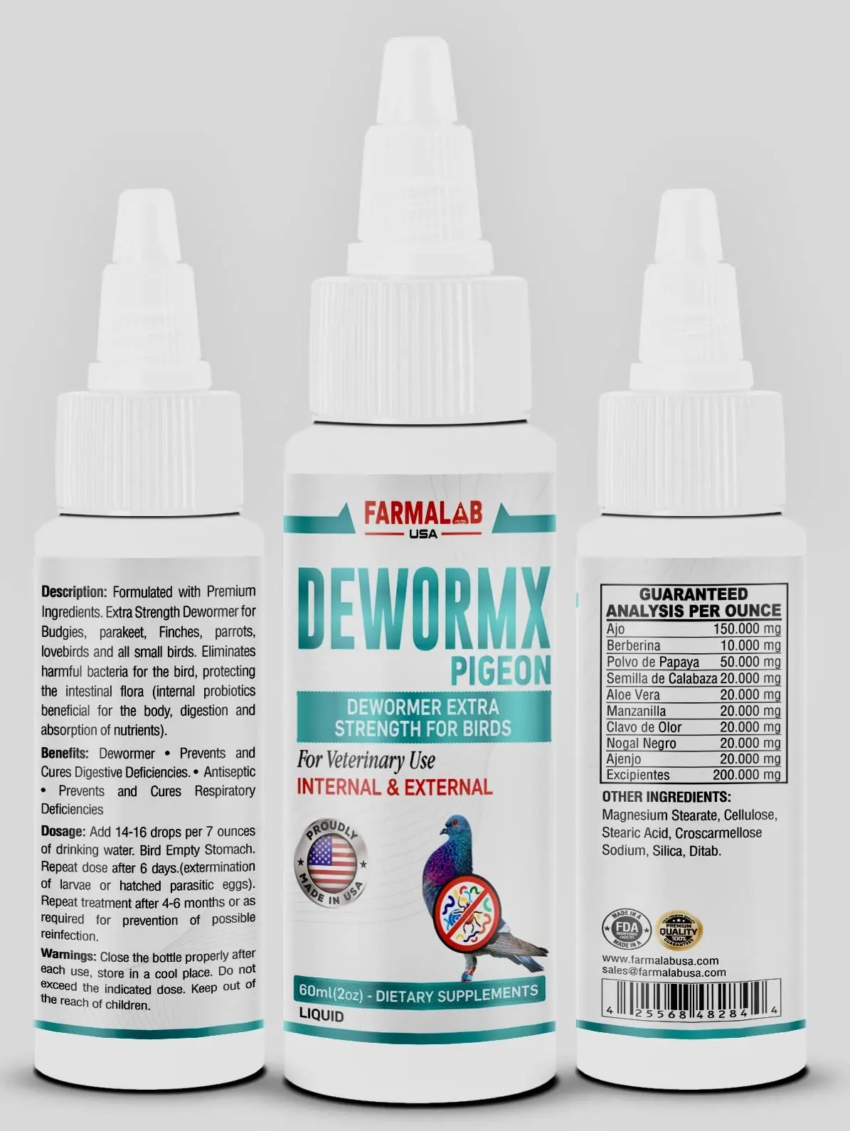 Farmalab DEWORMX Extra Strength Liquid Dewormer Tabs for Doves - Premium Ingredients, Pigeonvita Vitamins, La Lechita Supplement, Bird Healthcare, Respiratory Aid - 2oz Bottle, 8oz Loft Size