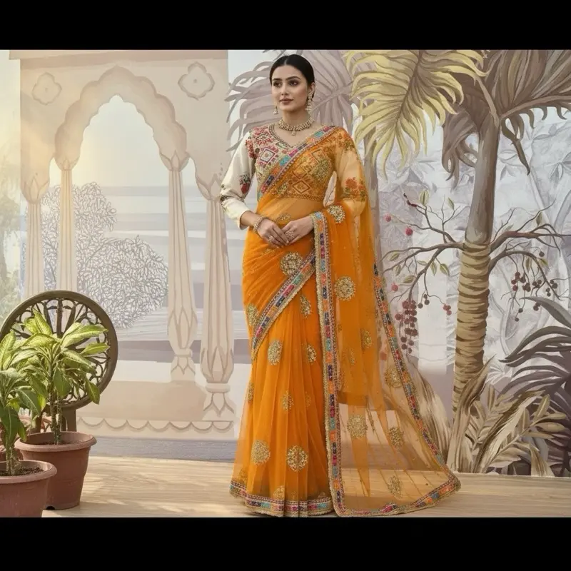 Women's 2-Piece Designer Net Embroidery Saree Set with Fancy Lace Border and Stitched Blouse, Mustard Color
