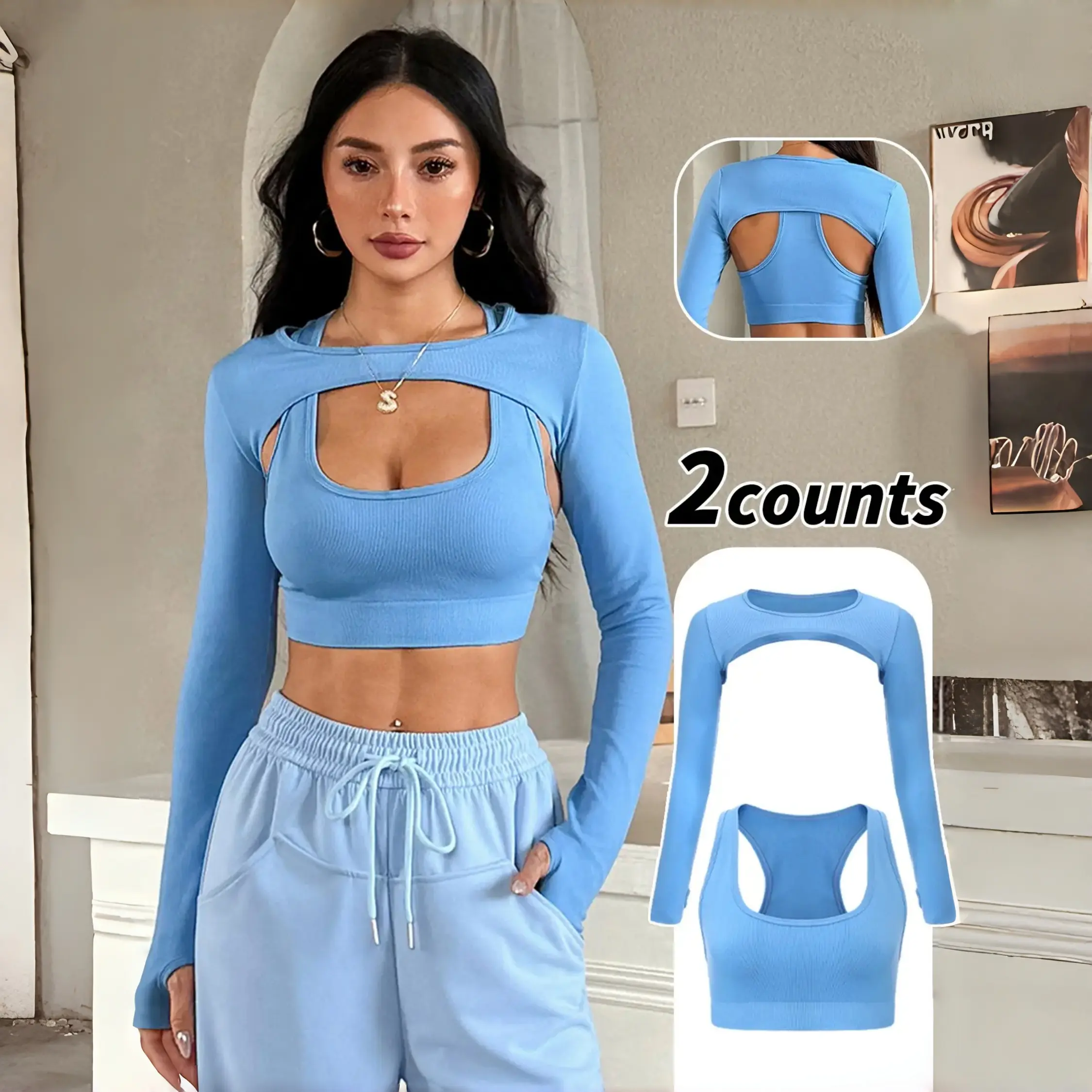TCVC Women's Seamless Two Piece Sports Tracksuit, Hollow Long Sleeve Hooded Top with Backless Sports Bra, Slimming Athletic Set for Yoga Fitness Workout Daily Lounge Wear