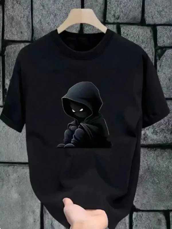 Women's Dark Street Lover Oversized Cotton Short-Sleeve Crew Neck Tee - Fashion Top, Mysterious Hooded Little Figure Glowing Eyes Dim Gradient Cartoon Print, Soft Breathable Heat Transfer Baggy Fit for Grunge Urban Daily Outfits