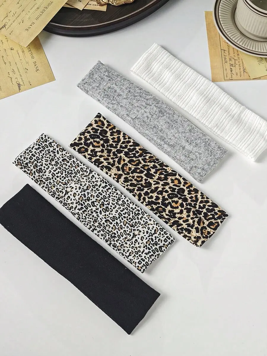 Soft Turban Style Headbands for Women, 5-Piece Satin Leopard Print Set, Adjustable Headgear for Everyday & Fall Winter Wear, Daily, Fashion Headbands, Hair Accessories Set, Everyday Wear, Set Pack