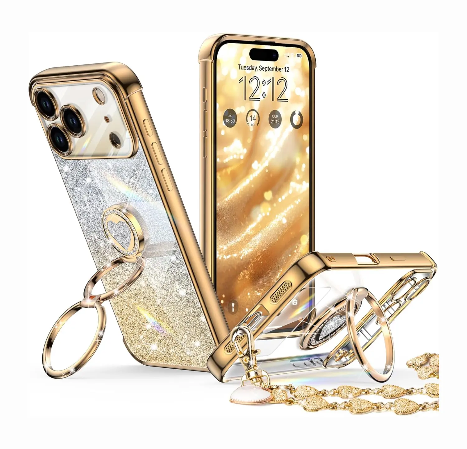 XYZ Sparkling Rhinestone Phone Case for Apple and Samsung, Adjustable Double-Ring Buckle with Landscape Stand, Women’s Anniversary Accessory, Heart-Shaped