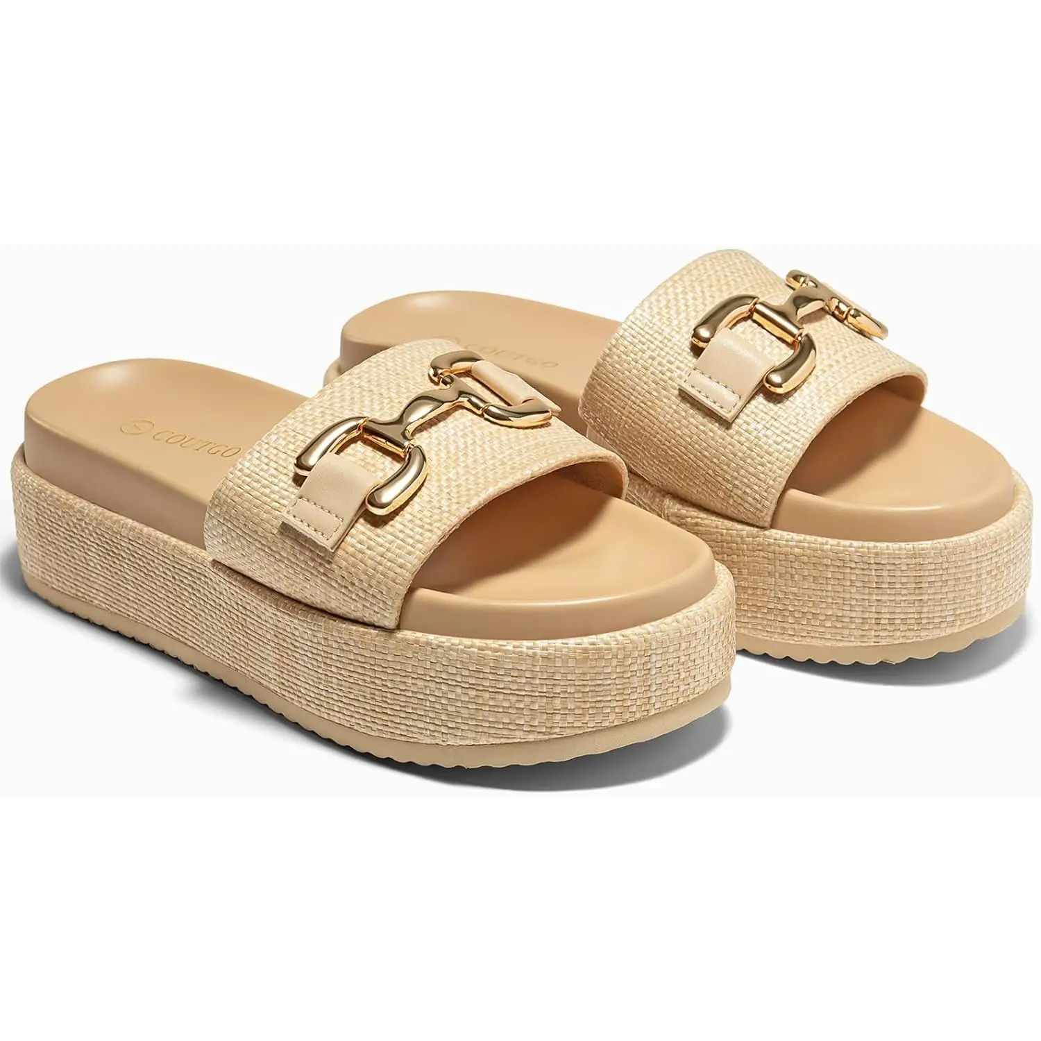 Coutgo Womens Platform Sandals Raffia Espadrilles Metal Chain Slip on Open Toe Cute Beach Slide Sandals Elegance Footwear tiktokshopbacktoschool