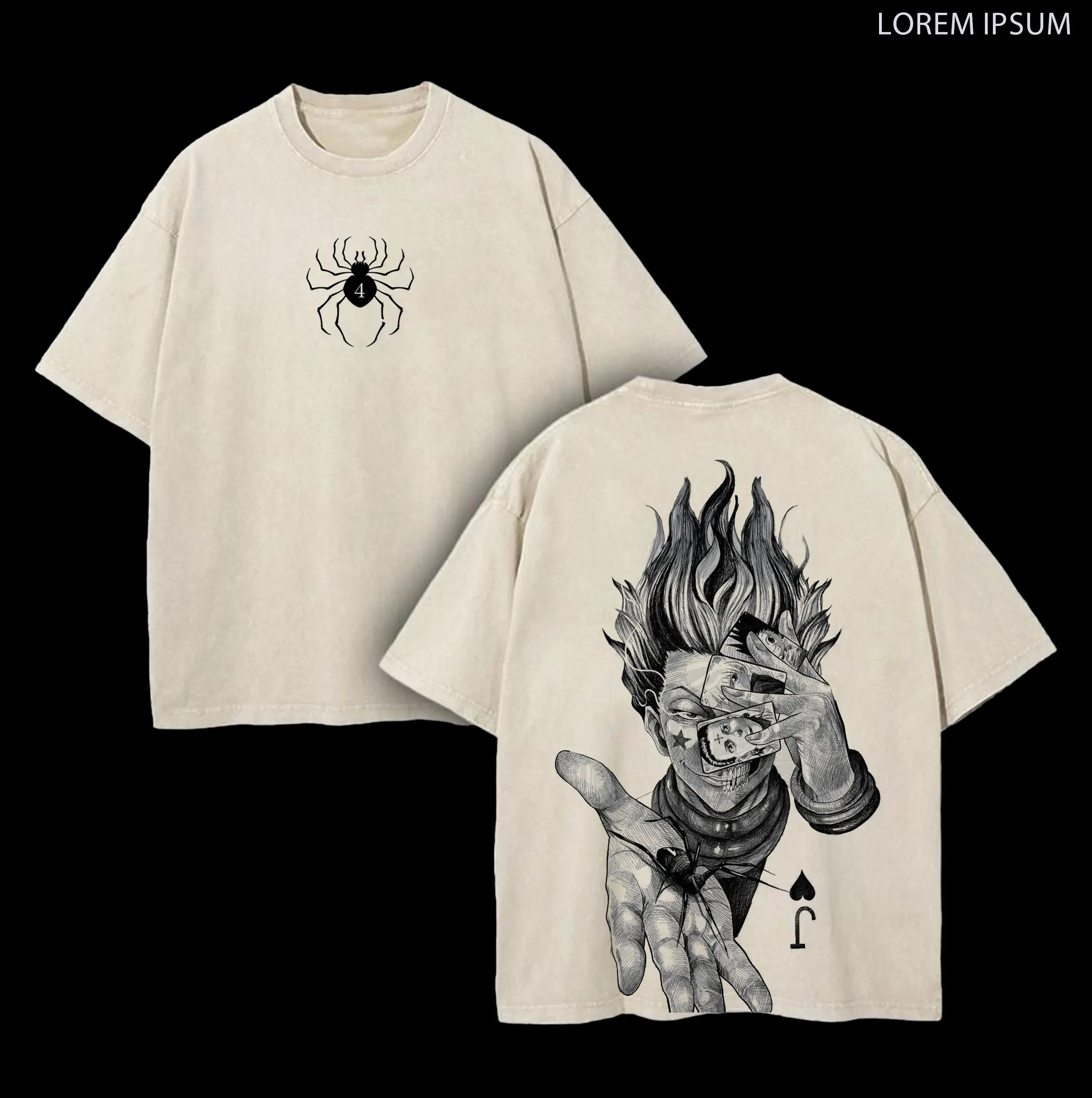 Men's Hisoka Hunter x Hunter Anime Apparel, Seamless Oversized Ribbed Short-Sleeve Double-Printed Vintage Washed Heavyweight Cotton Unisex T-Shirt