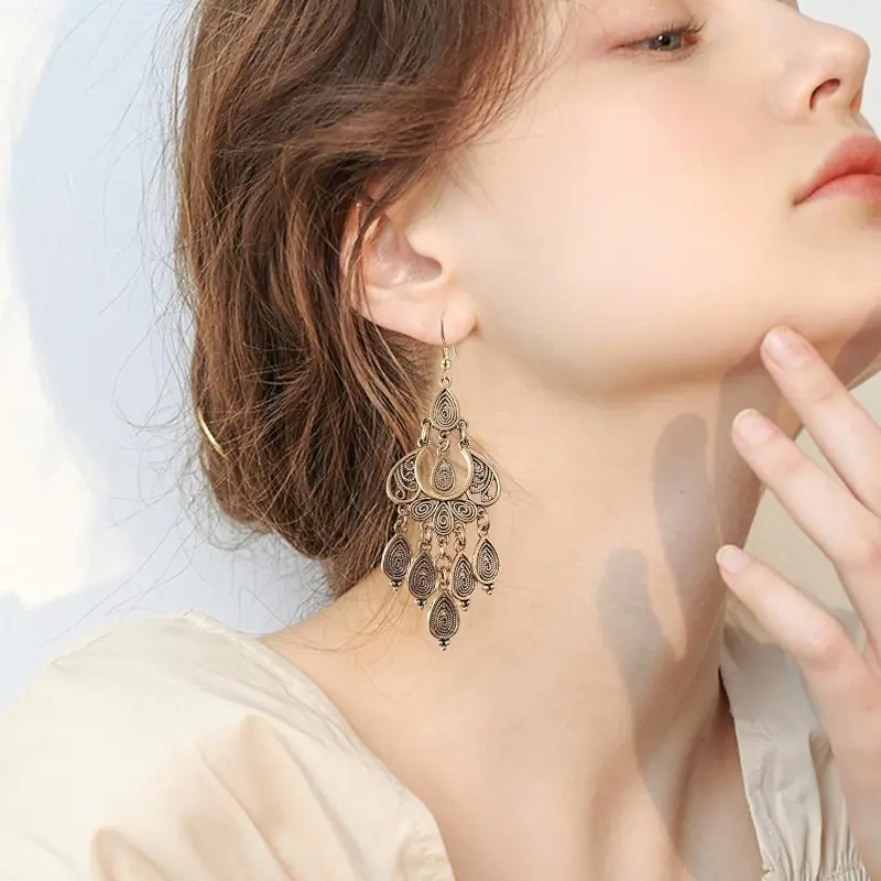 Bohemian Chandelier Drop Earrings for Women, Vintage Bronze Alloy Dangle with Geometric Floral Pattern - Lightweight Fit for Everyday Wear, Celebrations, Tribal Motifs, Thoughtful, Female, Flowers, Daily, Ethnic, Floral Geo, Hollow Filigree Work