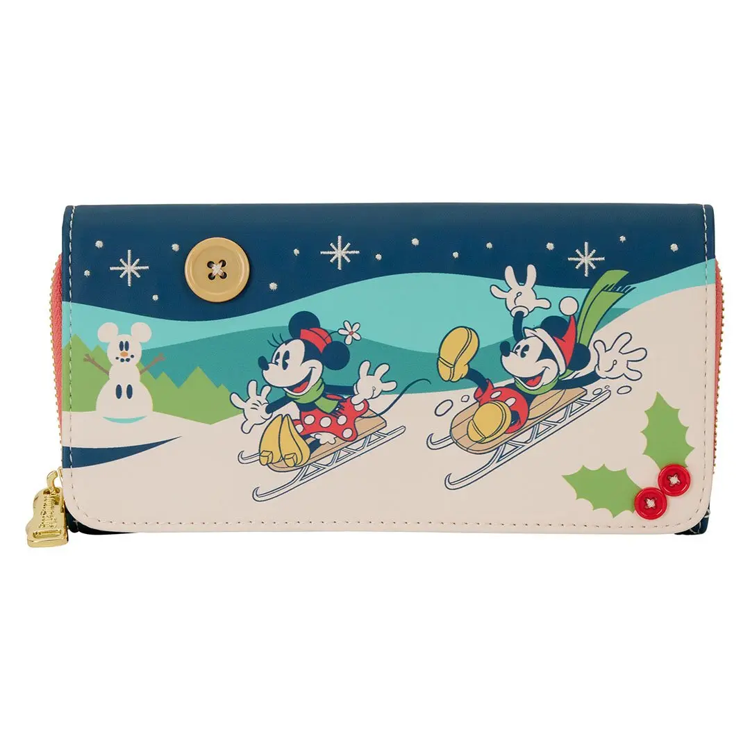 Loungefly Disney Mickey & Minnie Holiday Sledding Scene Wristlet Wallet, Debossed and Quilted Faux Leather, Mickey And Minnie, Casual Wear, Graphic, Detachable Zip, Lightweight, Long Wallet, Everyday Carry, Removable Strap, Cartoon Character Pattern Women