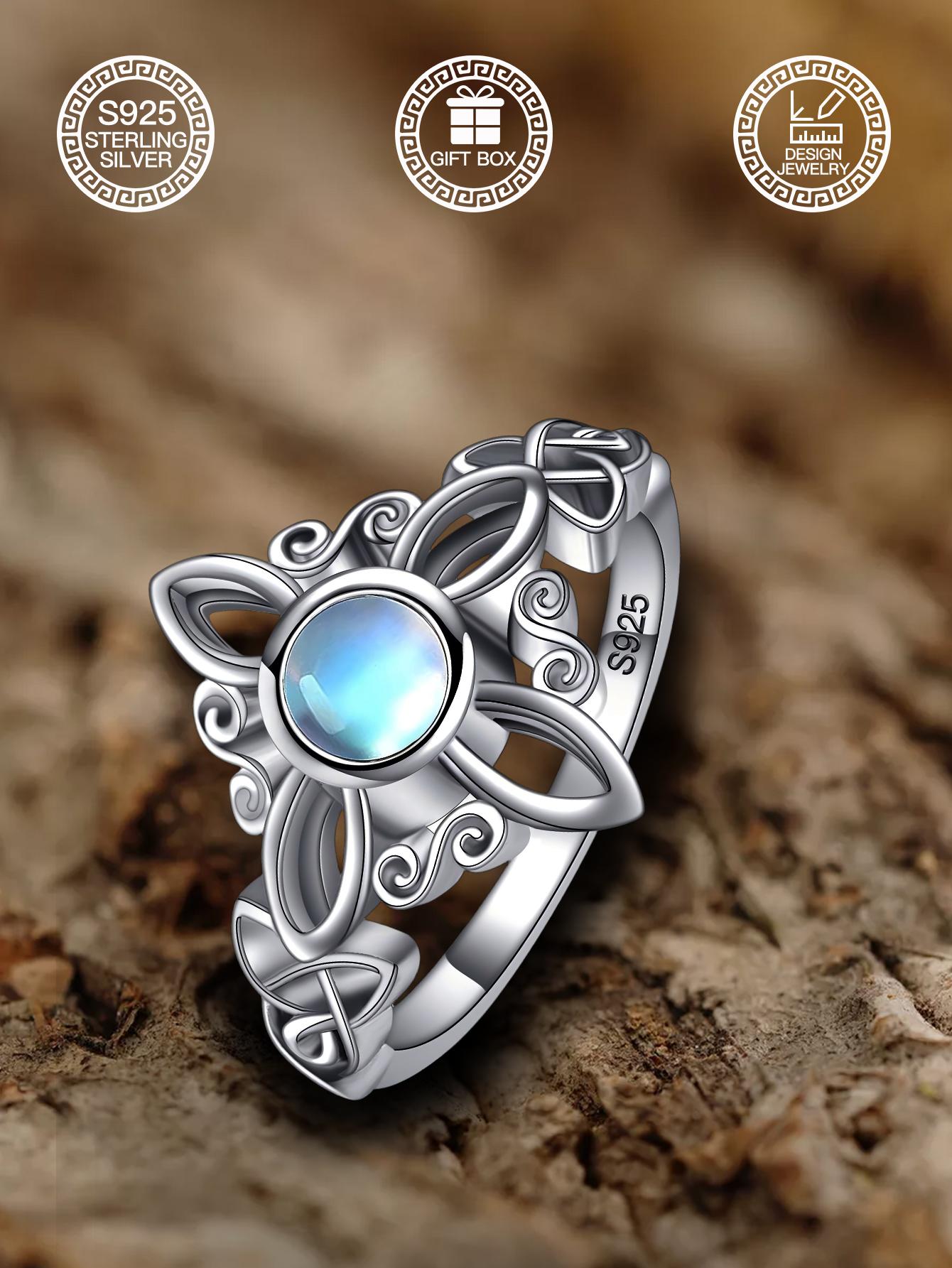 S925 Sterling Silver Celtic Knot Moonstone Ring – Elegant Vintage Floral Design for Women Jewelry Gift Box, Everyday Wear Engagement Rings