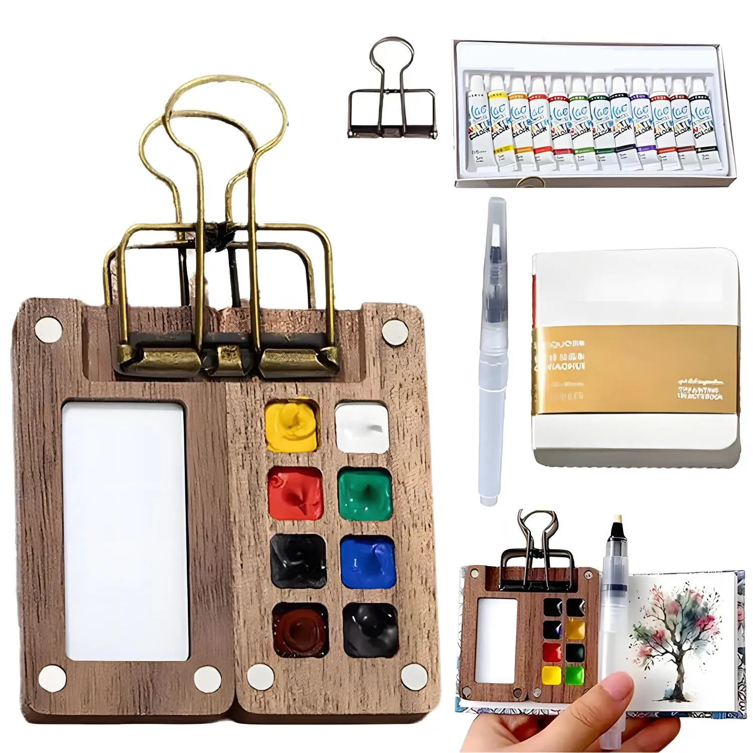Mini Watercolor Kit, Mini Watercolor Set with Picture Book, Pocket Artist Water Color Travel Set with Colours, Wooden Paint Box for Painters Artists Students (8 Grids) Brush Pens Art Sketchbooks Art Supplies
