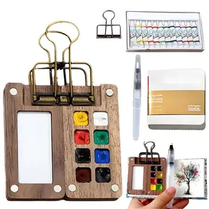 Mini Watercolor Kit, Mini Watercolor Set with Picture Book, Pocket Artist Water Color Travel Set with Colours, Wooden Paint Box for Painters Artists Students (8 Grids) Brush Pens Art Sketchbooks Art Supplies