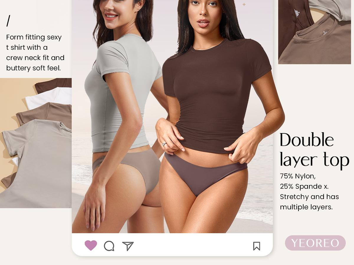 YEOREO Women Fitted Workout Tops Short Sleeve Double Lined Basic Y2K Going Out Crew Neck Compression Crop Top SpringStatements Style