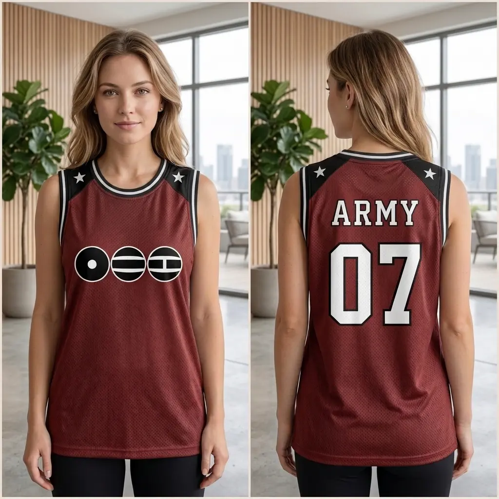 Custom Members Bangtan Mesh Basketball Jersey, ARMY K-pop Burgundy Star Shoulder Basketball Jersey Custom Name and Number on Back, Best Gift for Army Fan