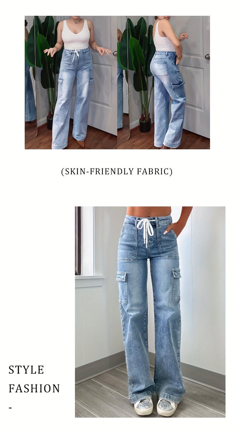 2026 New Style Women'S Leisure Straight-leg Jeans With Laces And Multiple Pockets.Casual Fashion Denim Fabric Sweatpants Jeans Fit Womenswear