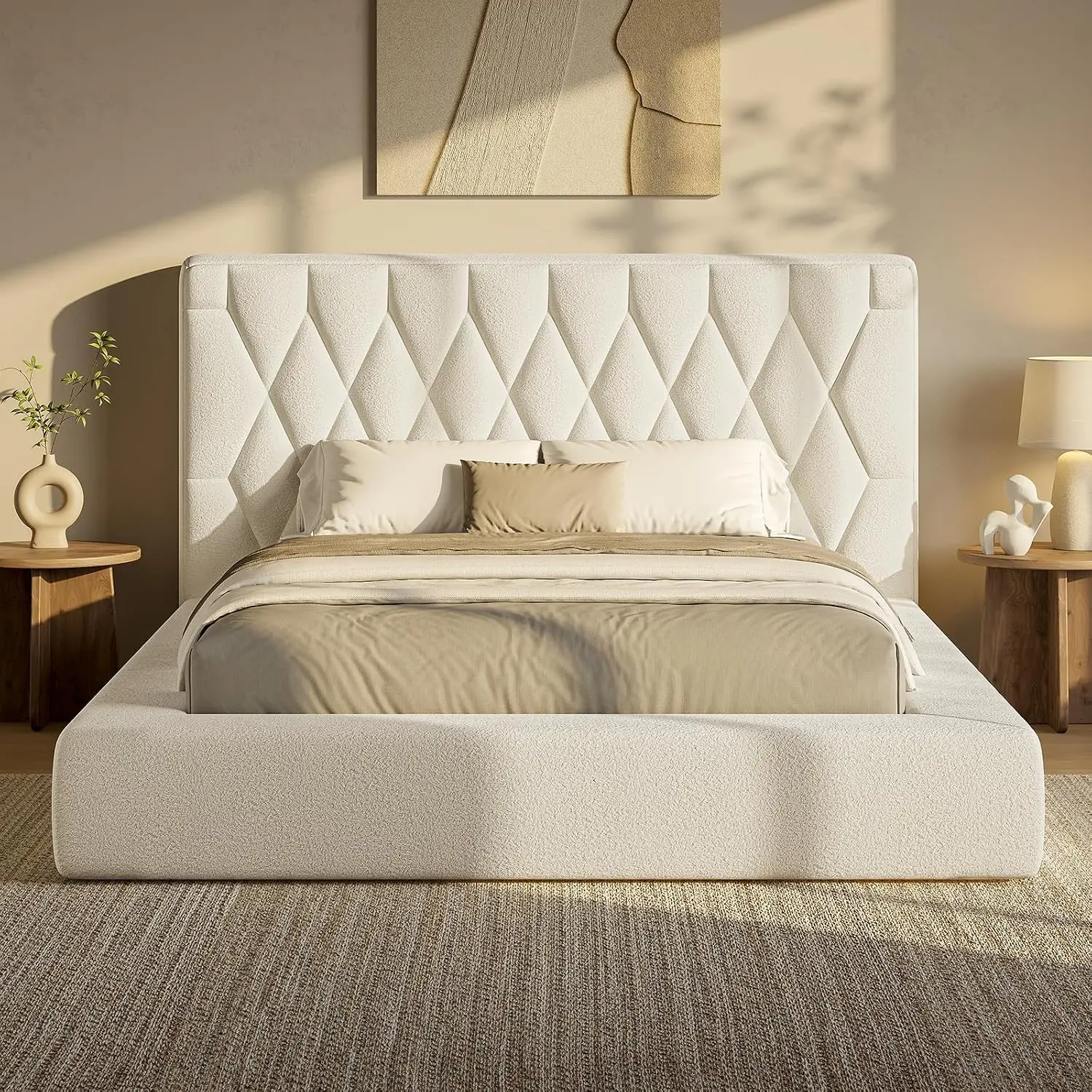 ADORNEVE Modern Full Size Bed Frame, CertiPUR-US Upholstered Cloud Bed with 5.9in Diamond Shape Headboard, 4.9in Fully Cushioned Platform, Soft Rounded Corners, Noise-Free, 15-Min Quick Setup, Grey for Master/Guest Room