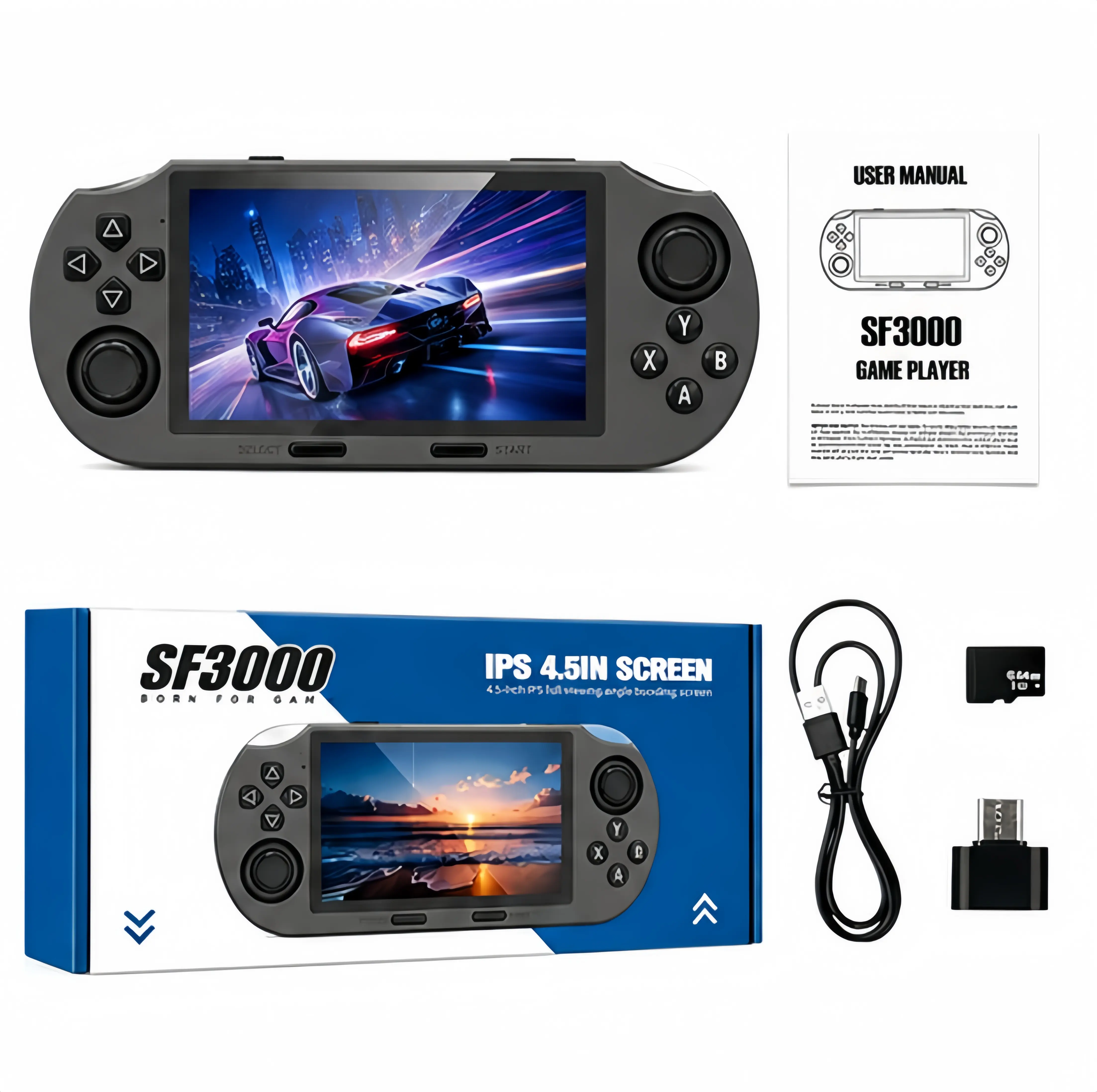 SF3000 Retro Handheld Video Game Console, 4.5-Inch IPS HD Screen, 16GB Linux Gaming System, 20,000+ Built-in Classic Games, 14+ Emulators, HDMI Output, Dual Wireless Controller Support, Gift for Kids & Adults