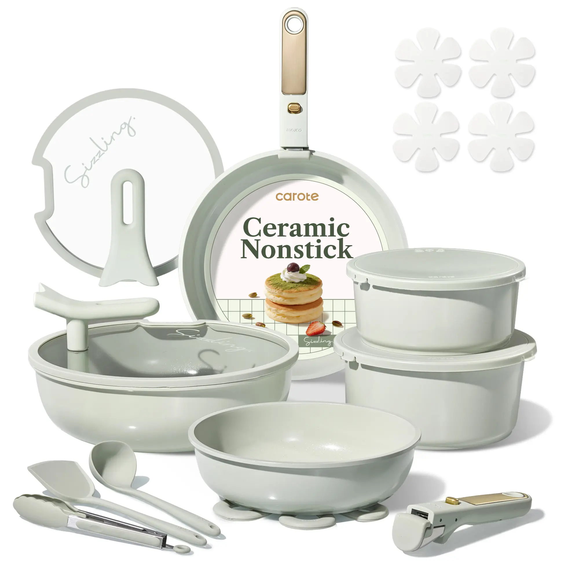 [Official] CAROTE Macaron Color 20Pcs Ceramic Cookware Set Stand-Up Lid with Detachable Handle Set, Non Stick Pots and Pans Set Non Toxic, PFAS Free