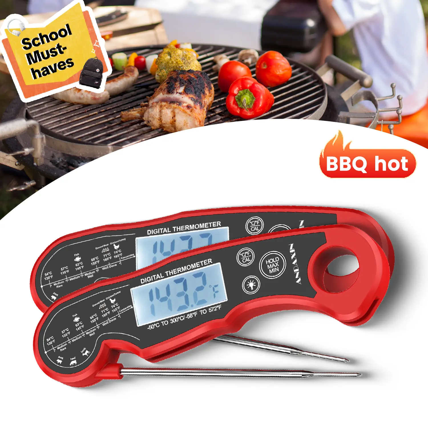 Digital Smart Meat Thermometer - 3s Instant Read, Ambidextrous Backlight, Motion Sensing, Waterproof Stainless Steel Food Thermometer for Outdoor BBQ, Grill, Smoker, Oil Fry, Candy, Back to School & Labor Day Kitchen Utensil Gift, Meat Thermometers