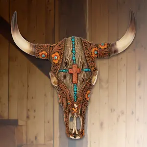 Western Cow Skull - Tooled Leather, Wooden Cross And Turquoise Design - Polyresin