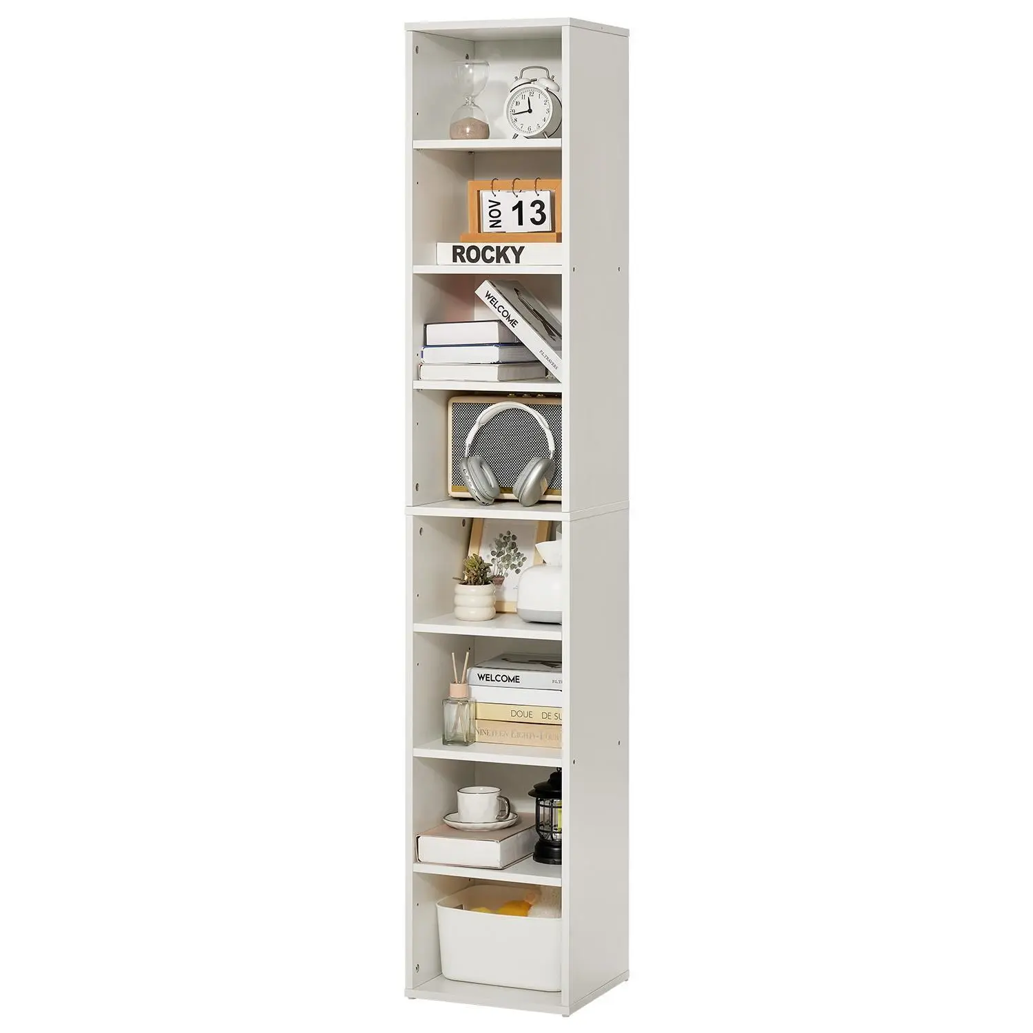 【SummerFinds】VEVOR 8 Tiers Narrow Bookshelf,  , 71 in Wooden Tall Open Bookcase with  Height-Adjustable Shelf, Freestanding Display Storage Floor Bookcase Bookshelf for Library, Bedroom, Living Room, Office, White