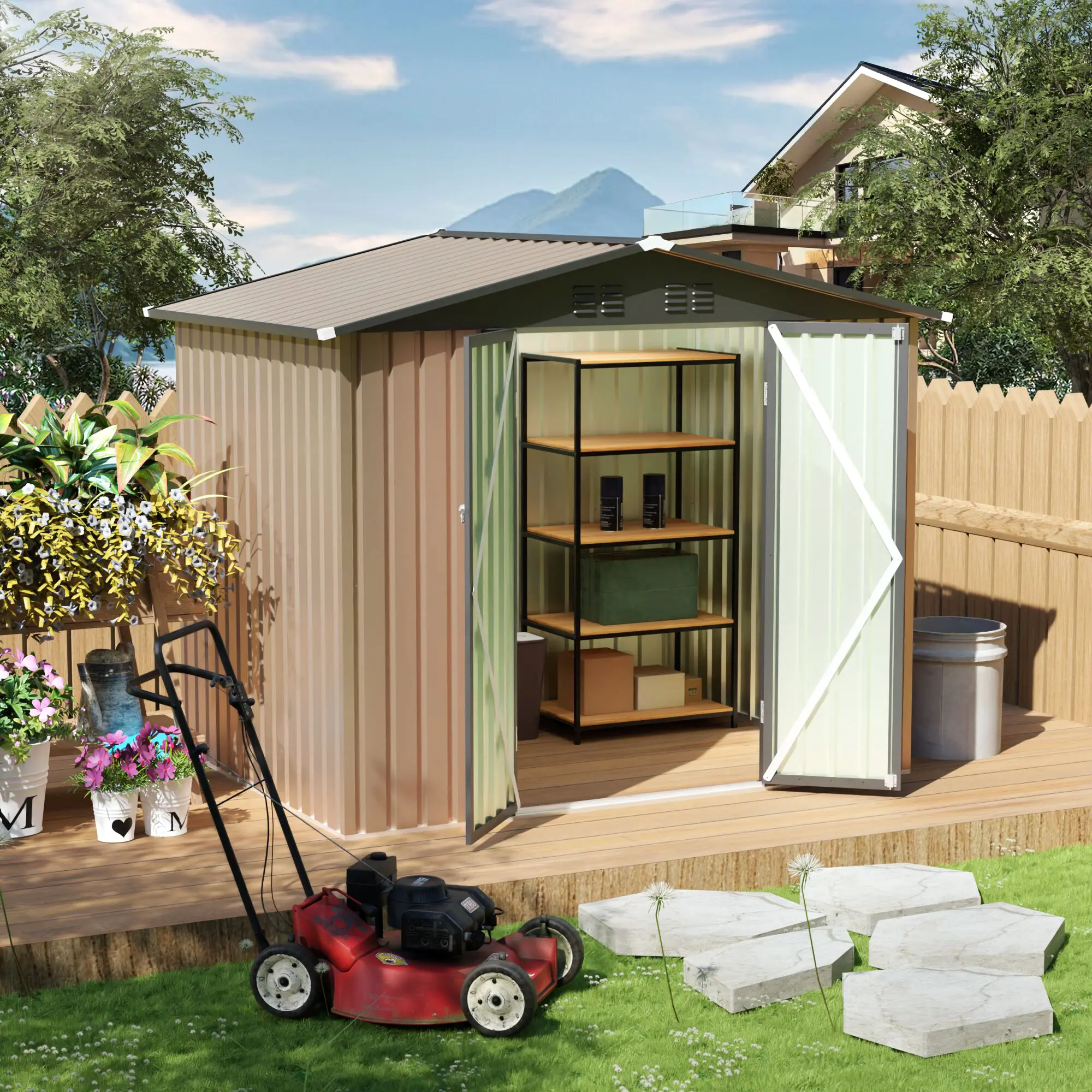 Galvanized Steel Storage Shed - 7.4FT x 5.3FT Outdoor Apex Roof Metal Unit, Durable Weatherproof Garden Shed for Patio, Backyard Tool Storage House