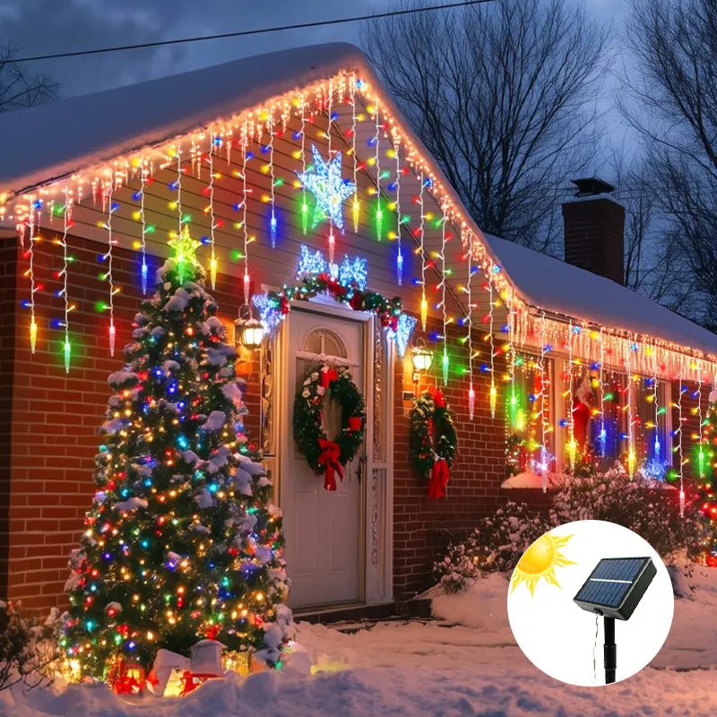 Solar Powered Christmas Lights String, 96 LED Icicle Design, Perfect for Wedding, Holiday Decorations, Outdoor Use, Yard Decor