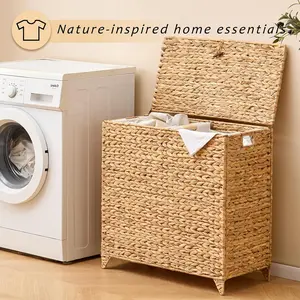 Handwoven Laundry Hamper with Lid, Natural Water Hyacinth Heightened Feet Laundry Basket, Wicker Clothes Hamper with Removable Liner Bag, Clothes storage, Handmade Laundry (229)