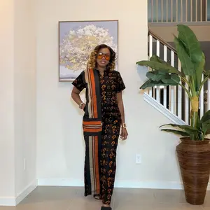 Ankara Print Jumpsuit with   Aso Oke, Wide‑Leg African Jumpsuit