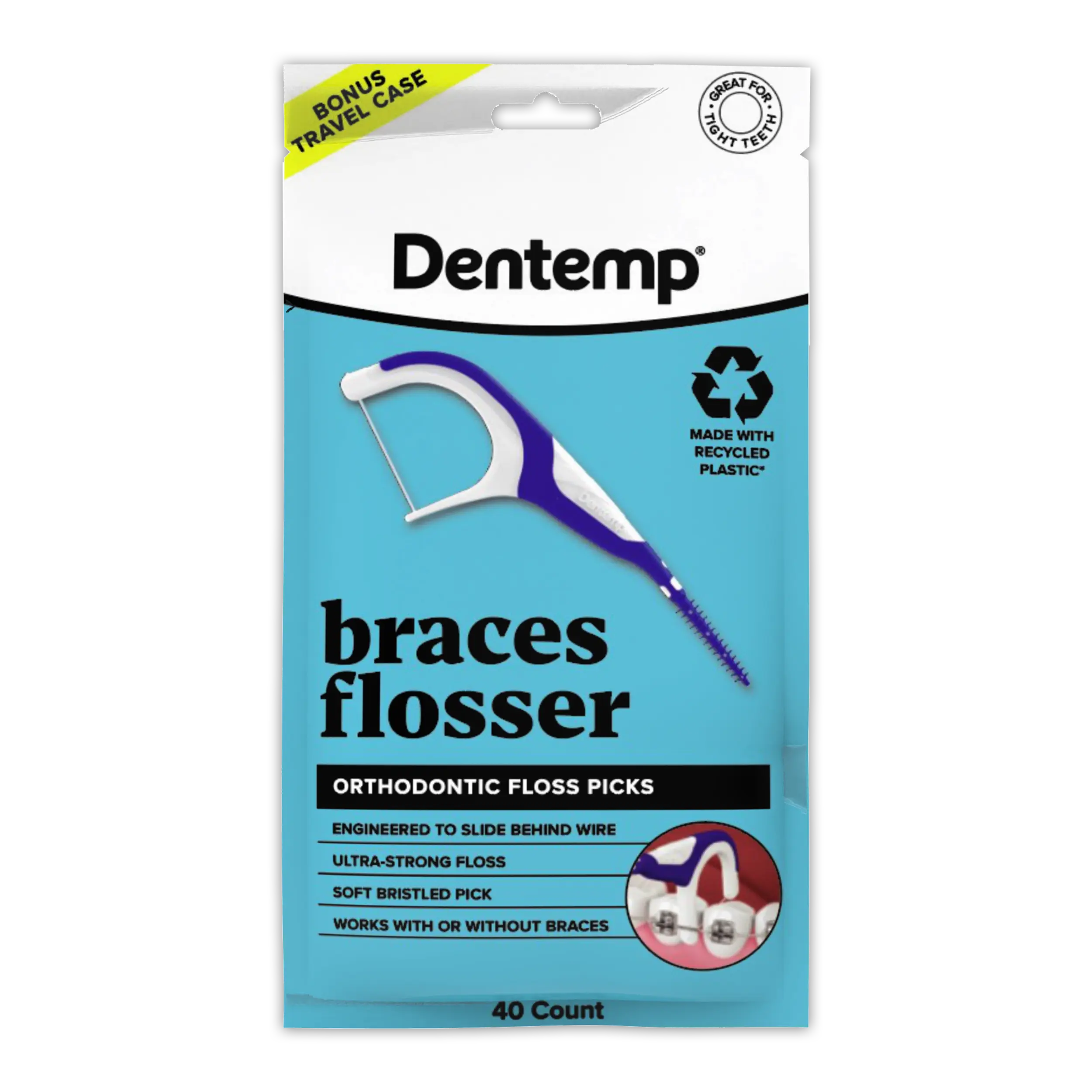 Dentemp Braces Flosser | Ultra-Strong Floss & Soft Bristle Pick | Easy & Effective Clean for Braces | 40 Count (Pack of 1) and Travel Case