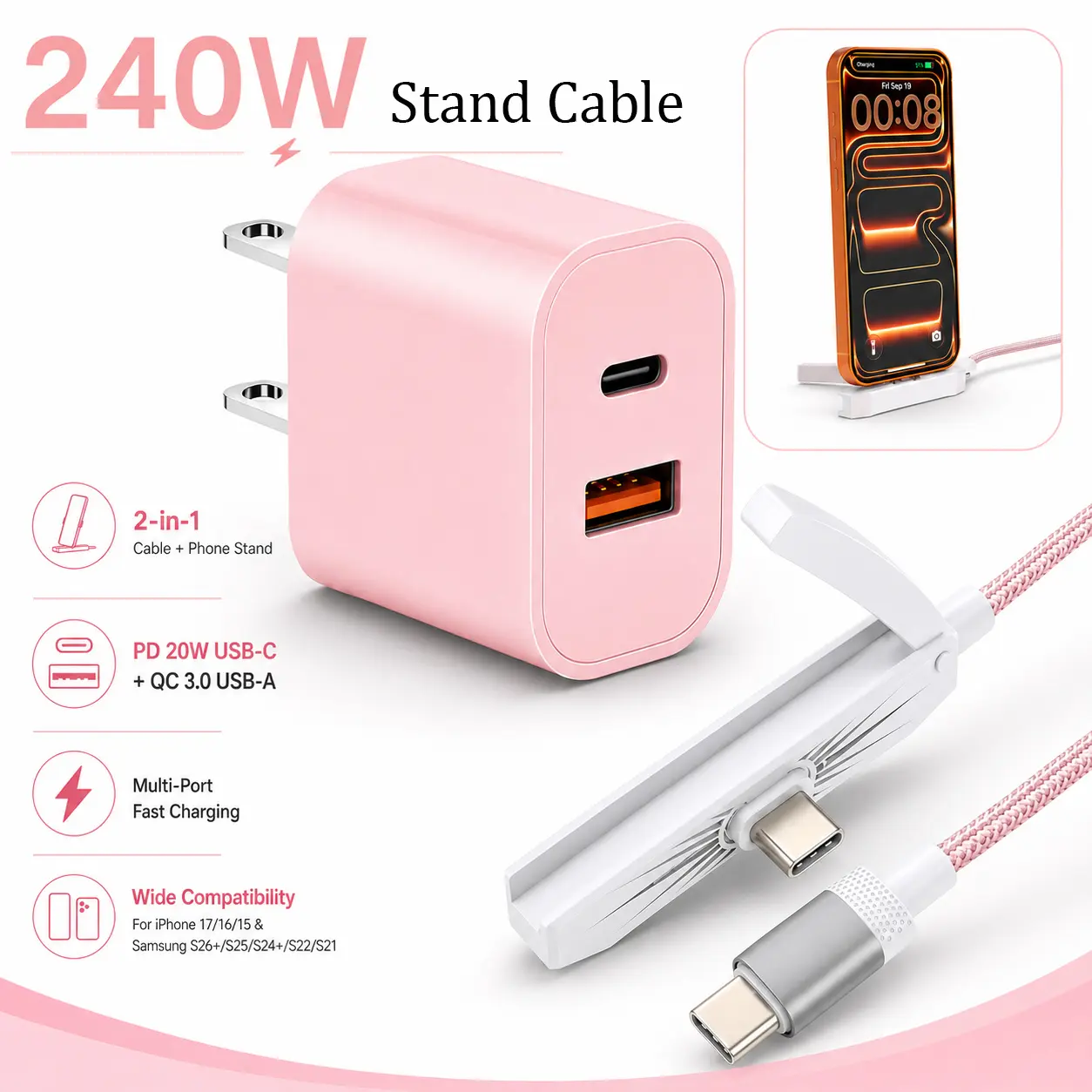 240W Ultra-Fast Charging 2-in-1 Charging Cable and Phone Stand, Includes a Charger [with PD 20W USB-C and QC 3.0 USB-A Ports], Multi-Port Fast-Charging Adapter, Compatible with iPhone 17/16/15 and Samsung Ultra/S26+/S25/S24+/S22/S22+/S21