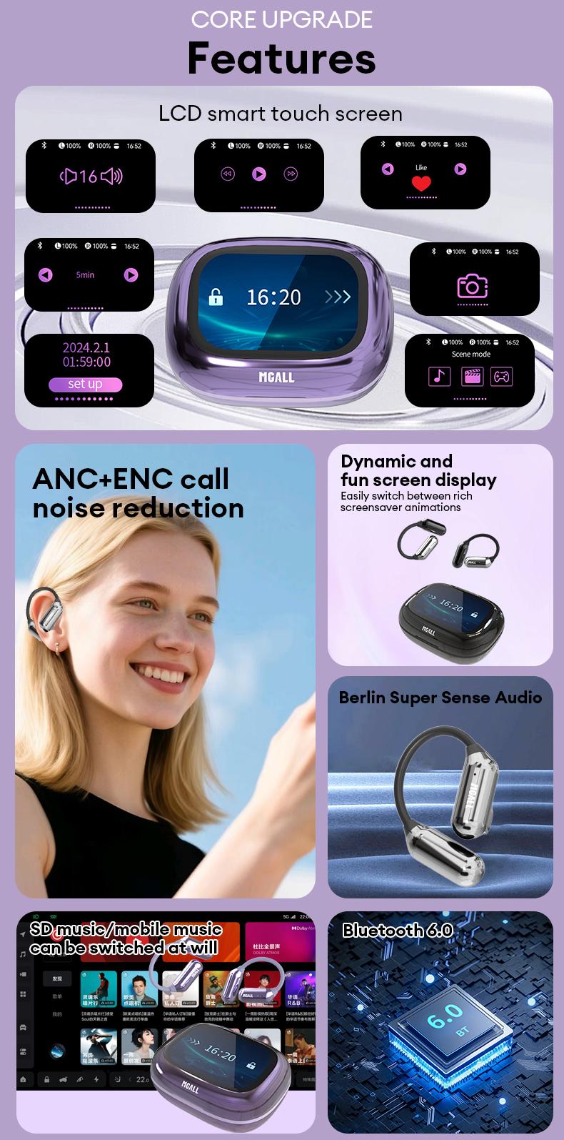 MGALL C18 Open-Ear Wireless Headphones with 2025 Bluetooth 6.0 for Faster, More Stable Connection & Lower Power Use, LED Full-Color Touch Smart Screen, ENC Noise Cancellation, Remote Photography, Anti-Loss Function, Audio Earbuds for Music & Calls