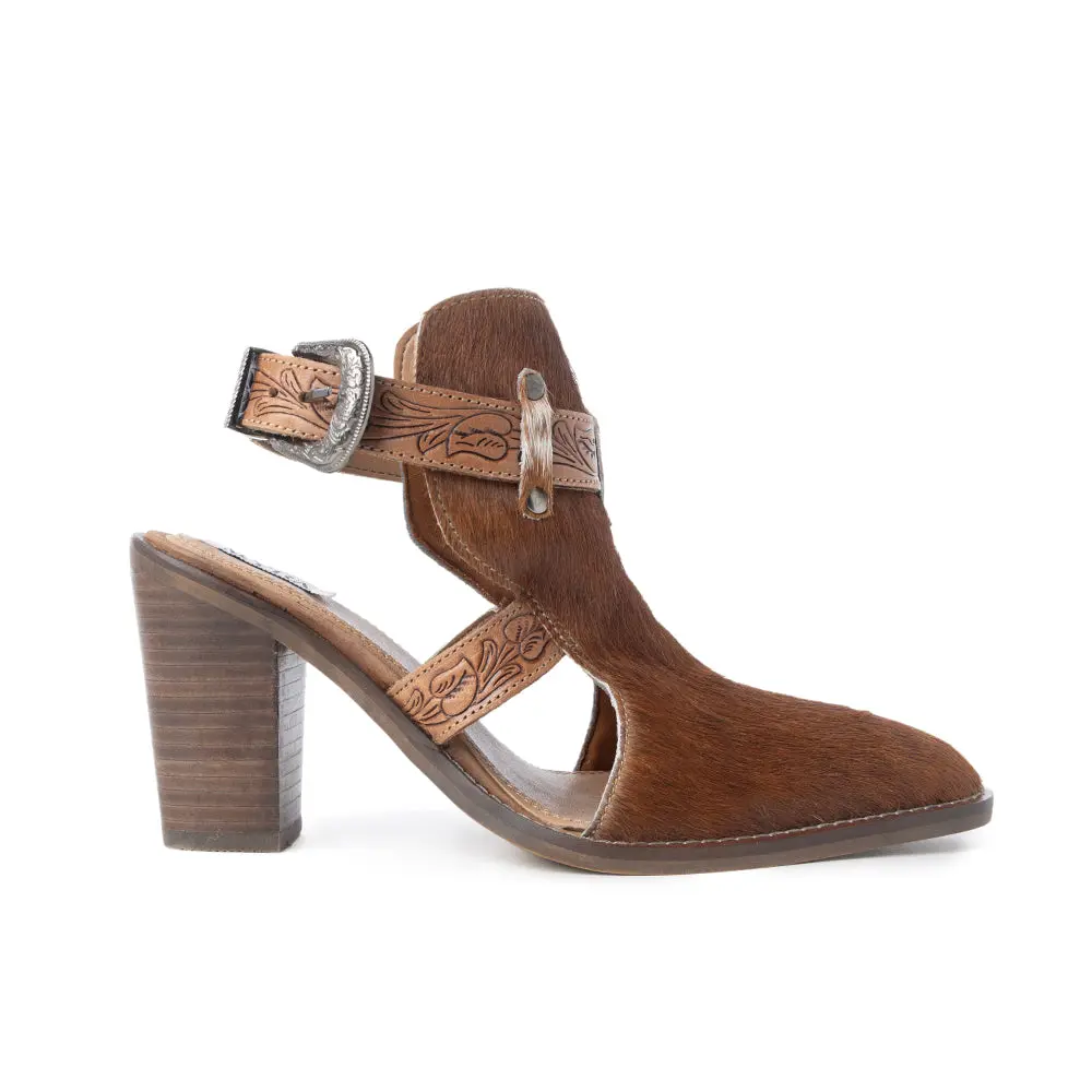 Women's Classic Stylish Formal Myra Cora Jo Cow Hide Hairon Leather Ankle Boots - 3.43 in Block Heels, Pointed Toe, Handtooled Western Belt Closure, Resin Details, Easy Pull-On, Minimalist - Cowboy Aesthetic Shoes for Country Girls, Formal Events