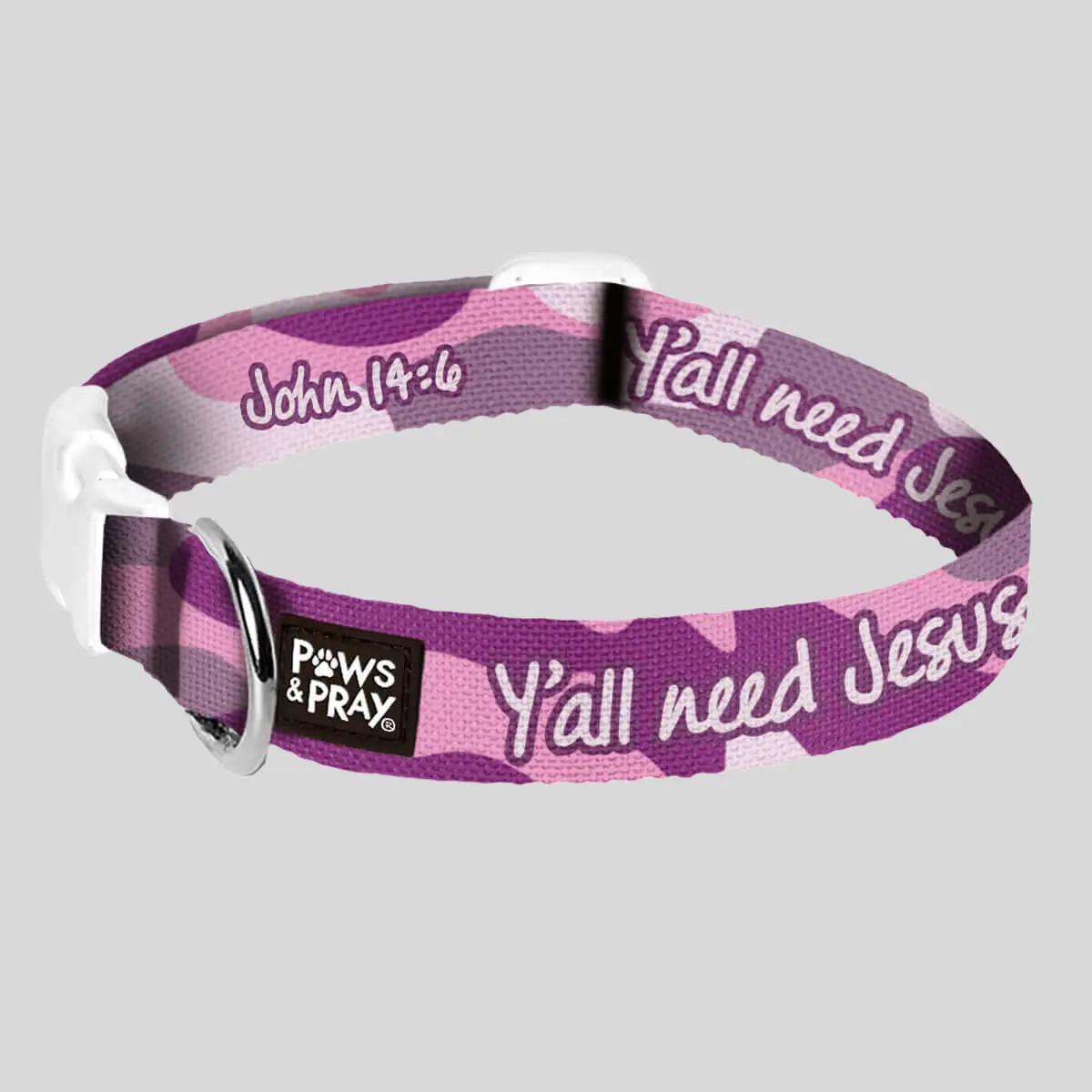 Adjustable Length Dog & Cat Collar (Adjustable Collars with Plastic Buckle) - Paws & Pray Y'all Need Jesus Faith Message Design, Purple Camouflage Style, XS/LG-XL Sizes, Leash Loop, Ideal for Greeting Friends