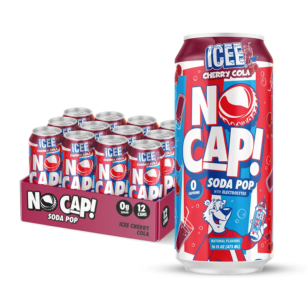NO CAP! Next Gen Soda Pop Cherry Cola with Electrolytes for Hydration, Zero Sugar, Zero Calories, Caffeine-Free Soda, Vegan & Gluten-Free, 16 oz Cans (12-Pack)