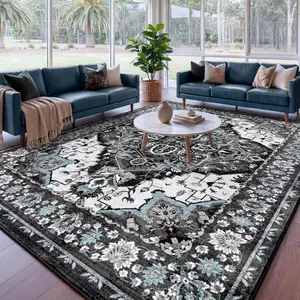 6'x9' Retro Living Room Rug, Washable Area Rugs for Dining Room Bedroom,Home Decor  Non-Slip Backing, Low Pile Stain Resistant Thin Soft Faux Cashmere Printed Carpet, Black/White, Blue/Red, 4x6, 5x7, 6x9 Feet