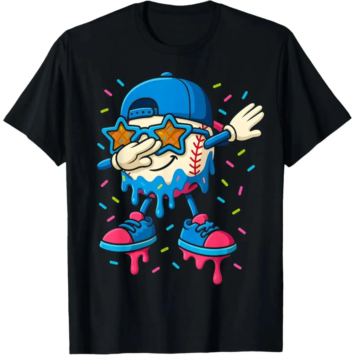 Men's Graphic T-Shirt with Ice Cream Drip Dabbing Baseball Print - Soft Crew Neck Basic Streetwear Top for Casual Wear, Tshirt, Round Neck, Shortsleeve, Baseball Drip