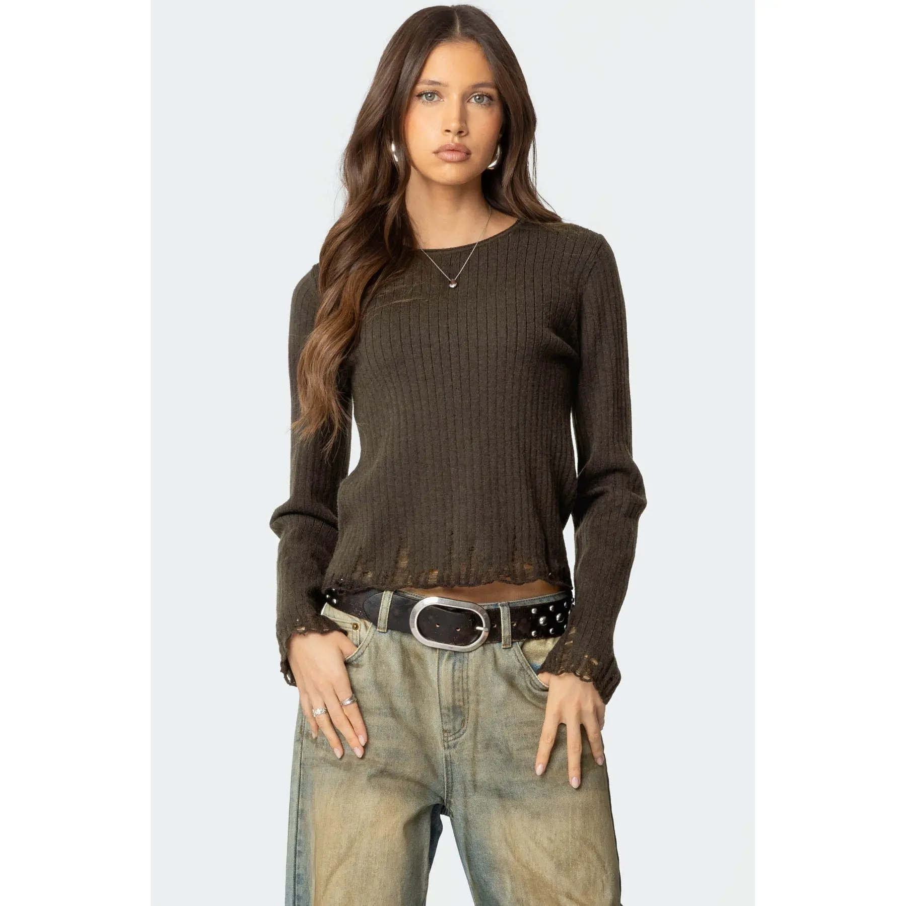 Distressed Ribbed Knit Sweater